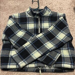 American Eagle Blue Green Plaid Quarter Zip Teddy Sherpa Jacket Size X-Small